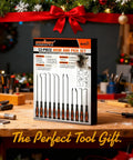 Product packaging of 12 Piece Precision Hook And Pick Set For Cars And Auto Work Pro Grade Oil Seal And O Ring Gasket Remover Kit displayed on a festive workbench.