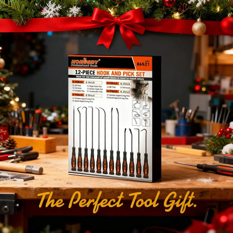 Product packaging of 12 Piece Precision Hook And Pick Set For Cars And Auto Work Pro Grade Oil Seal And O Ring Gasket Remover Kit displayed on a festive workbench.