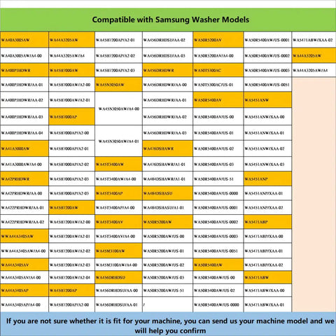 Table of Samsung washer models compatible with Replacement Suspension Rods 26 4In for Samsung Washers and Replaces DC97-16350D