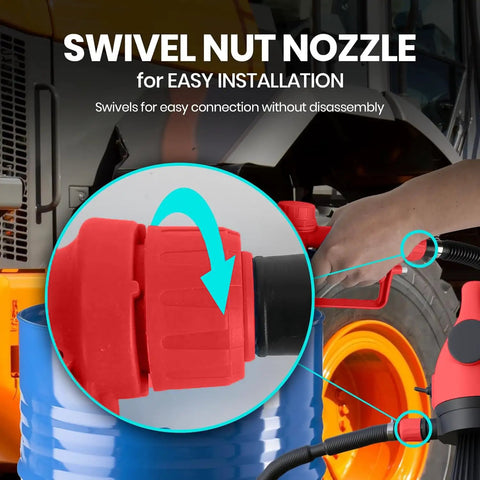 Close-up of swivel nut nozzle for Heavy Duty Electric Drum Pump Is A Real Heavy Hitter delivering 5 GPM flow for easy installation.