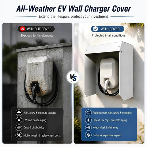 Comparison of Hella Durable Universal Outdoor EV Charger Cover With All Season Weatherproof Magnetic Protector in use and without.