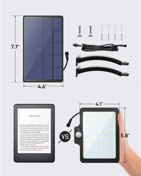Solar Security Light With Motion Sensor 1000 Lumen 48 LED IP65 Waterproof Outdoor Floodlight parts and size comparison image.