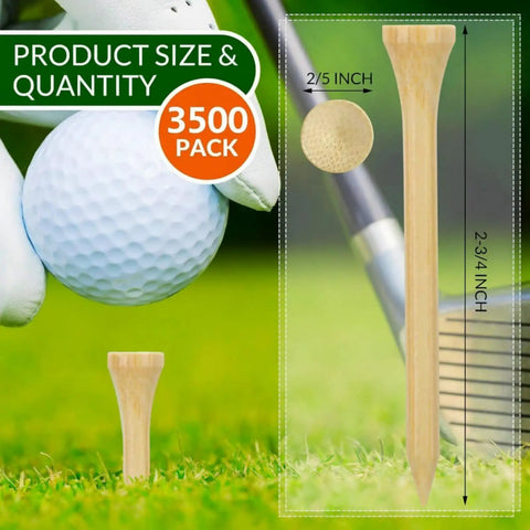 Bulk 2000 Pack Bamboo Golf Tees Two And Three Quarters Inch Natural Wood Color shown on grass with golf ball