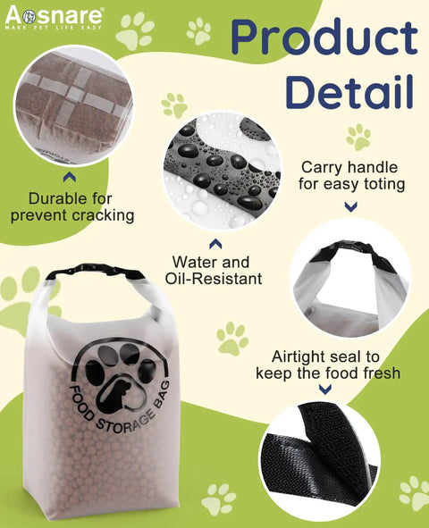 Transparent Leak Proof Pet Food Storage Bag For Travel With Roll Top Closure and Airtight Seal displayed with features