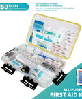 350 Piece All Purpose Emergency First Aid Kit With Waterproof Case open showing supplies for home, office, boat, travel, car.