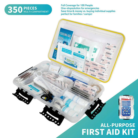350 Piece All Purpose Emergency First Aid Kit With Waterproof Case open showing supplies for home, office, boat, travel, car.