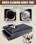 High Torque Electric Portafilter Cleaner With 58mm Brush And Scraper Set 300 Rpm Coffee Grounds Remover with before and after cleaning images.