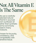 Image of Vitamin E information card for HAPure Hyaluronic Acid Vaginal Suppositories With Vitamin E For Women Hydration And Dryness Relief Hormone Free Formula 12 Count 30 Day Supply USA Gentle On Sensitive Skin For Daily Comfort During Menopause, highlighting natural vitamin E from sunflower oil.