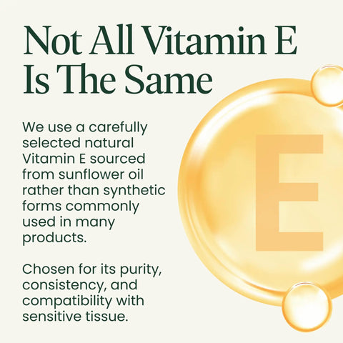 Image of Vitamin E information card for HAPure Hyaluronic Acid Vaginal Suppositories With Vitamin E For Women Hydration And Dryness Relief Hormone Free Formula 12 Count 30 Day Supply USA Gentle On Sensitive Skin For Daily Comfort During Menopause, highlighting natural vitamin E from sunflower oil.