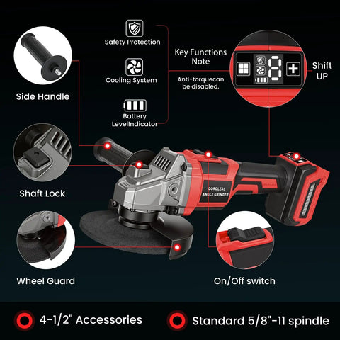 Features of Badass Brushless Cordless Angle Grinder Compatible With Milwaukee M18 Batteries Tool Only, showing controls and safety features.