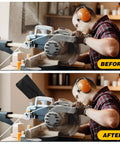 Fits 45mm To 50mm Miter Saw Outlets With Zippered Dust Bag Adjustable Bracket Universal Dust Collector Bag For 255 Model Keeps Dust Out Of Your Eyes And Work Area Easy Install And Secure Fit Built Tough For Clean Safe Long Lasting Use, installed on miter saw showing before and after use.
