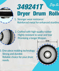 Close-up of 349241T dryer drum roller, part of Complete Dryer Repair Kit With 341241 Belt, 691366 Idler Pulley, And 349241T Drum Rollers.