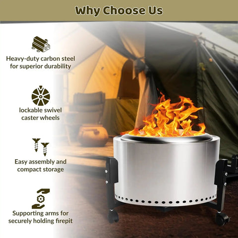 Heavy Duty Fire Pit Trolley Stand With Smooth Wheels For Easy Mobility, Fits Solo Stove Yukon And 27 Inch Fire Pits, Stable Base With Support Arm, Smokeless Fire Pit Accessory shown with supporting arms and lockable caster wheels in outdoor setting.