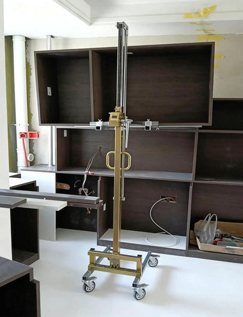 Top Rated Portable Manual Material Lift With Heavy Duty Winch And Adjustable Forks For Easy Warehousing Loading And Construction Lifting Jobs Today in a workshop setting.