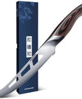 Five Inch Serrated Cheese Knife Crafted With Premium Steel Core And A Super Slick Hollow Blade For Butter Smooth Cuts That Slide Off Easy Plus A Gotta Have Fork Tip For Zero Mess Party Spread, displayed with elegant packaging.