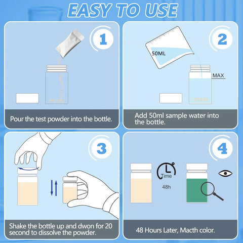 Coliform Bacteria Water Test Kit 12-Pack Super Sensitive For Well Water Tap Pool Spring Pond Lake Drinking Quality Tester DIY instructions for use steps.