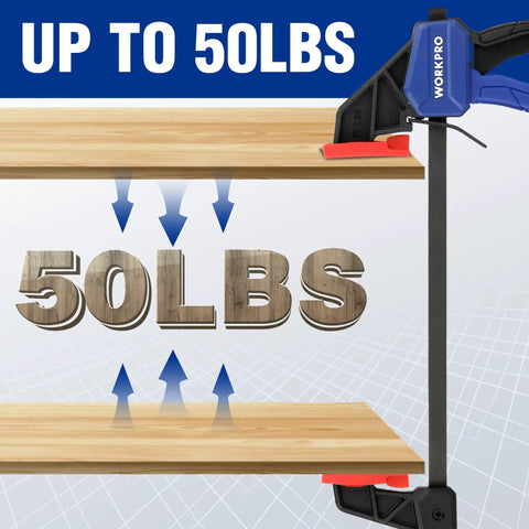 6 Inch Mini Bar Clamps For Woodworking, One Handed F Clamps And Spreaders, 4 Pack With 50 Lb Load, Throat One And A Half Inches, Screw Reverses To Convert To Spreader For Tight Glue Ups For Diyers, blue clamp on wood boards