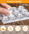 Clear Self Adhesive Rubber Feet And Cushion Bumper Pads With Hella Sticky Mounting Tape Designed For Heavy Electronics And Kitchen Appliances Providing Rock Solid Anti Skid Grip To Safeguard Delicate Floor Finish, 12 pack with a hand applying a pad.