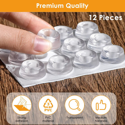 Clear Self Adhesive Rubber Feet And Cushion Bumper Pads With Hella Sticky Mounting Tape Designed For Heavy Electronics And Kitchen Appliances Providing Rock Solid Anti Skid Grip To Safeguard Delicate Floor Finish, 12 pack with a hand applying a pad.