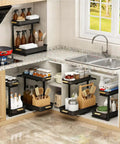 Heavy Duty Hella Spacious Pull Out Under Sink Organizer With Slick Sliding Bottom Tray For Kitchen Cabinets Bathroom Vanities And Pantries No Hassle Multi Purpose Rack in use with bottles and cleaning supplies.