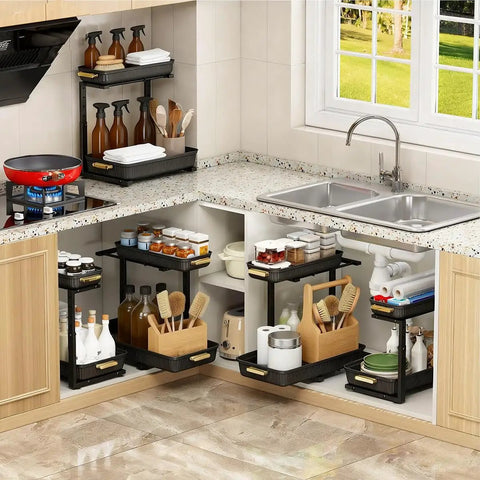 Heavy Duty Hella Spacious Pull Out Under Sink Organizer With Slick Sliding Bottom Tray For Kitchen Cabinets Bathroom Vanities And Pantries No Hassle Multi Purpose Rack in use with bottles and cleaning supplies.