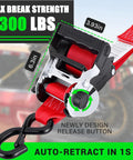 Heavy Duty Self Retracting Ratchet Straps No Sweat One Touch Retraction Quick Release Side Button For Truck Cargo Tie Downs Heavy Load Premium Hardware, showing auto-retraction mechanism and strap dimensions.