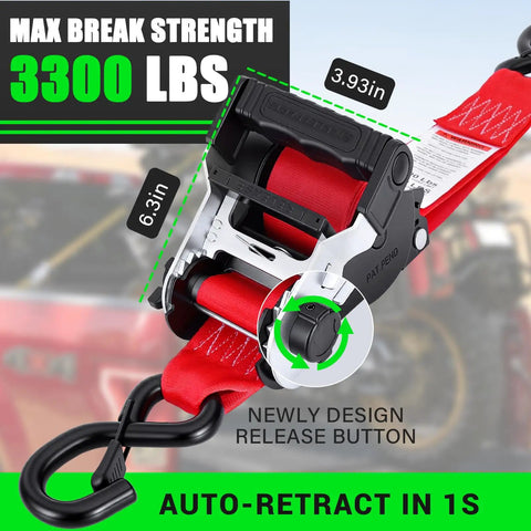 Heavy Duty Self Retracting Ratchet Straps No Sweat One Touch Retraction Quick Release Side Button For Truck Cargo Tie Downs Heavy Load Premium Hardware, showing auto-retraction mechanism and strap dimensions.