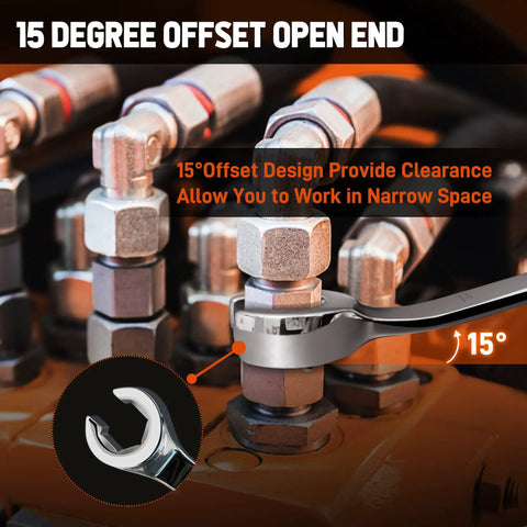 Flare Nut Wrench Set 11-Piece With Organizer Pouch For Auto Repair And DIY, offset wrench on brake line fitting, 15-degree angle