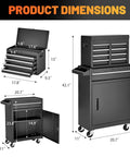 Five Drawer Rolling Tool Cabinet With Detachable Top Box, Locking Wheels, Adjustable Shelves, Pro-Grade Heavy-Duty Rust-Resistant Steel