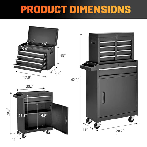Five Drawer Rolling Tool Cabinet With Detachable Top Box, Locking Wheels, Adjustable Shelves, Pro-Grade Heavy-Duty Rust-Resistant Steel