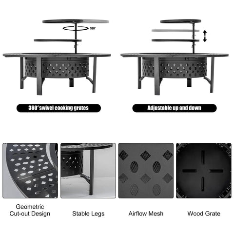 47 Inch Round Fire Pit With Two Grills, Lid And Tabletop detailing swivel grills, stable legs, cut-out design, and airflow mesh.