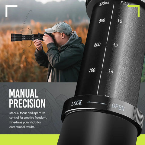 Photographer using High Power 420 To 1600mm F8.3 HD Manual Telephoto Zoom Lens For EOS Cameras Ideal For Sports And Wildlife Shots