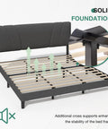 Rock Solid Upholstered King Bed Frame With Adjustable Headboard And Soft Grey Linen, detailed view of wood slat support.