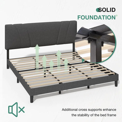 Rock Solid Upholstered King Bed Frame With Adjustable Headboard And Soft Grey Linen, detailed view of wood slat support.