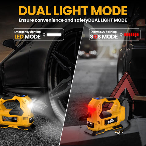 Cordless Tire Inflator Air Compressor for Cars and Bikes with 150 PSI, LED Light in dual light mode next to car