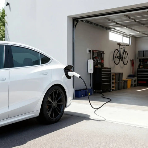 Top Tier Level Two EV Charger 16 Amp 240 Volt 3.2 KW EVSE charging a white electric vehicle in a garage with tools.
