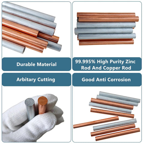 Two Pieces 99.995 Percent Pure Copper And Zinc Rods, 3 Eighths Inch Diameter by 4 Inches Long, shown with durability features