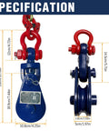 Beefed Up Heavy Duty 4 Ton Snatch Block With Chain For Tow Trucks And Recovery, 4.5 Inch Sheave For One Half Inch Wire Rope, Swivel Shackle, Snatch Block Pulley For Towing And Car Carrier Applications, front and side view with dimensions