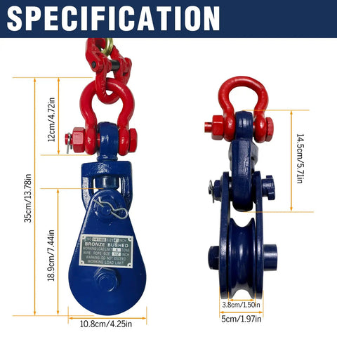 Beefed Up Heavy Duty 4 Ton Snatch Block With Chain For Tow Trucks And Recovery, 4.5 Inch Sheave For One Half Inch Wire Rope, Swivel Shackle, Snatch Block Pulley For Towing And Car Carrier Applications, front and side view with dimensions