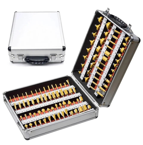 Premium Knockout 100 Piece 1/4 Inch Shank Router Bit Set For Woodworking in sturdy aluminum carry box, open view.
