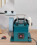 Heavy Duty Wet Bench Grinder Built Tough To Run Butter Smooth With Variable Speed Control For Dang Sharp Knives Axes Chisels And Everyday Sharpening Tasks view from side with water reservoir and grind wheel.