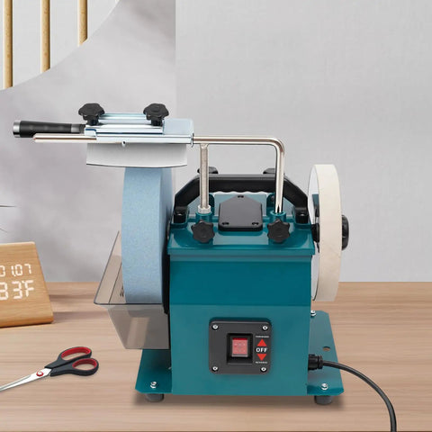 Badass 10 Inch Water Cooled Knife Sharpening Machine 240W Electric Bench Grinder with variable speed dial and rust-resistant chassis.