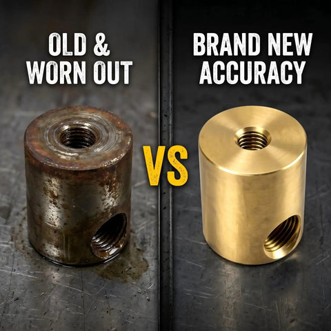 Comparison of old rusted part and new Brake Rotor Lathe Feed Nut Replacement Copper Part 433647 Pro Grade for Accuturn lathes.