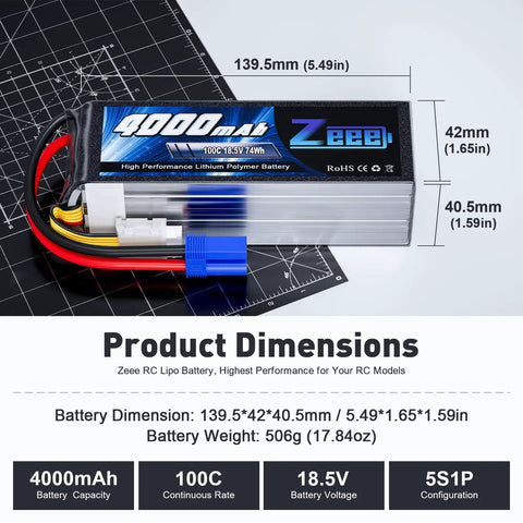5S 4000mAh 18V 100C LiPo Battery Soft Pack With EC5 Connector dimensions and details for RC models