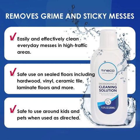 Floor One S5 Combo Replacement HEPA Assembly And Brush Roller And 280ml Solution Set For Cordless Stick Vacuum Mop Accessories Essential Cleaning Kit Optimized For Floor One S5 Combo Use, bottle of cleaning solution with features list.