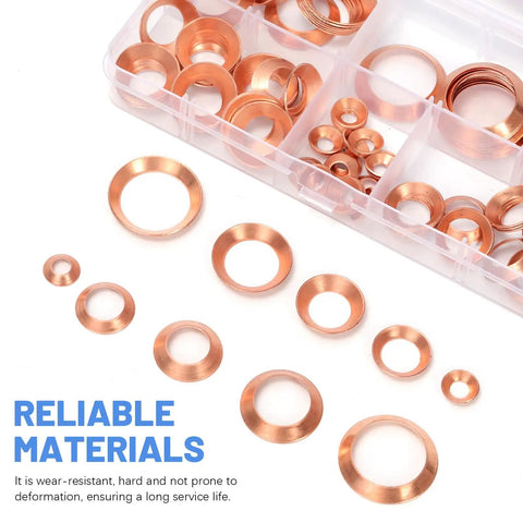 Copper Flare Gasket Kit 30 Pack For 5/8 Inch Tubing with storage box, highlighting durable copper flare gaskets.