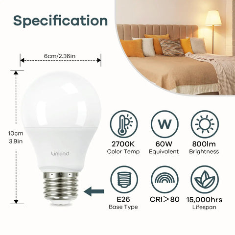 LED A19 Light Bulbs 60W Equivalent 2700K Soft White 800 Lumens 8.5W Non Dimmable E26 Base Energy Efficient For Bedroom