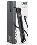 Beefy 25 Ft 7 Outlet Metal Surge Protector Power Strip With 14 AWG Cord, 1350 Joules, Flat Plug, 1875W, 60Hz, Grey packaging