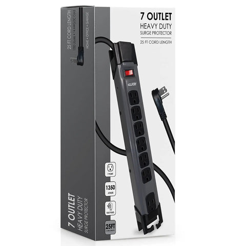 Beefy 25 Ft 7 Outlet Metal Surge Protector Power Strip With 14 AWG Cord, 1350 Joules, Flat Plug, 1875W, 60Hz, Grey packaging