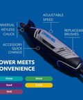 Dremel 4300 rotary tool with LED light in angled front view; corded, universal keyless chuck, adjustable speed.